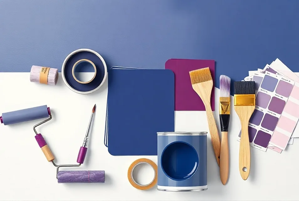 Pots de peinture, nuancier, brosses et rouleaux disposés à plat