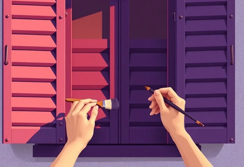 Mise en peinture au pinceau de volets et d'encadrements en bois