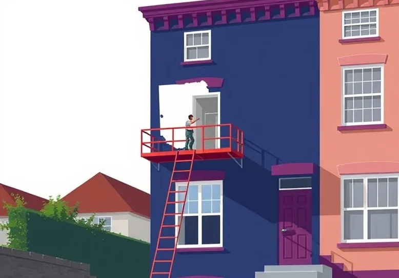 Peintre sur échafaudage traitant la façade d'une maison